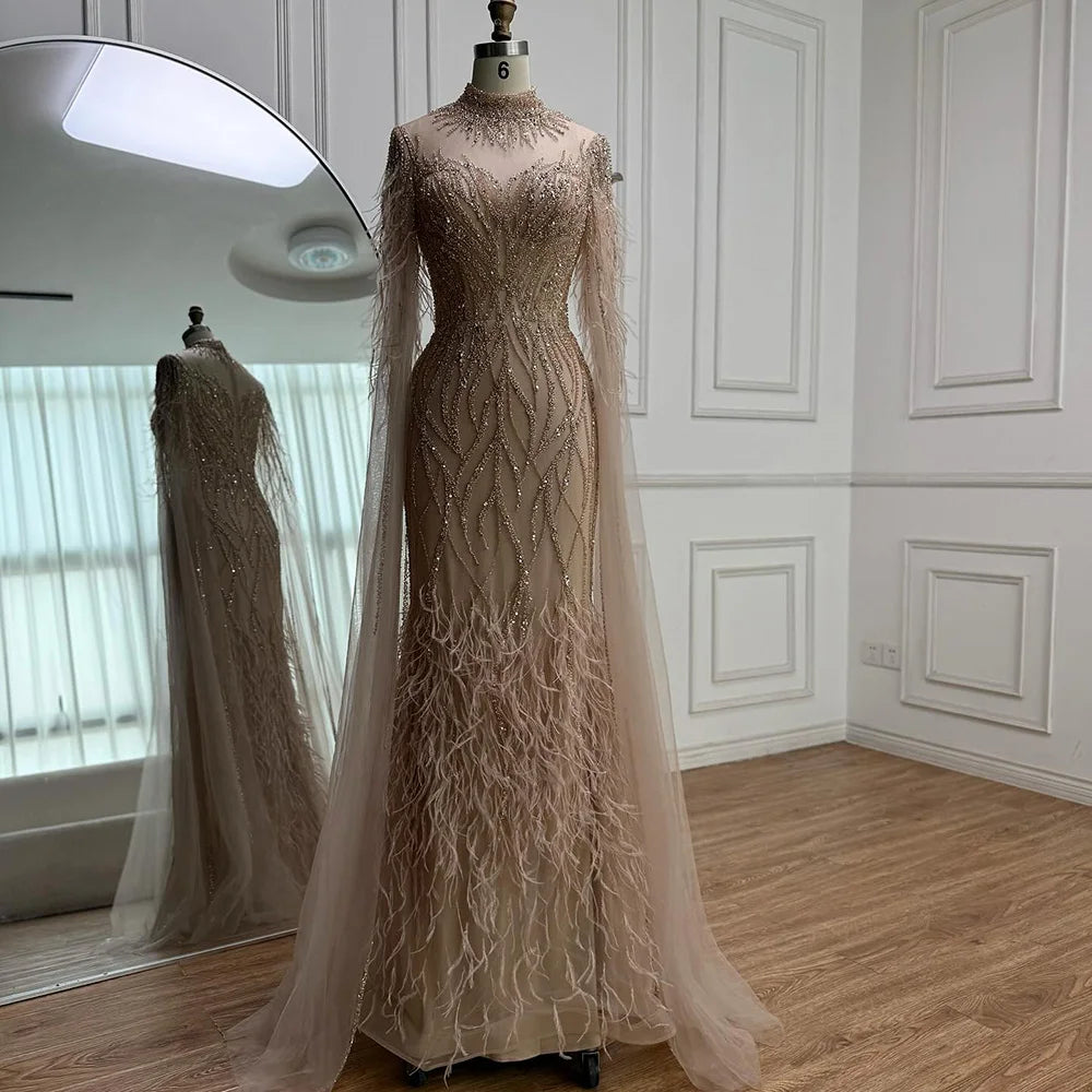 Nude Feather Evening Dress for Women High Neck Cape Sleeve Luxury Beaded Formal Gown Serene Hill 2025 Customized LA71885C