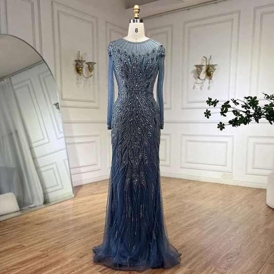 Serene Hill Muslim Blue Mermaid Luxury Beaded Dubai Long Evening Dresses Gowns for  Party 2025 LA71999L Customized