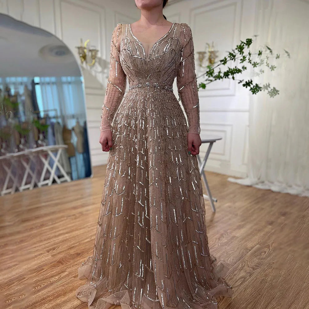 Serene Hill Muslim Designer  Caramel A Line Elegant Beaded Evening Dresses Gowns For Party 2025 LA71940 Customized
