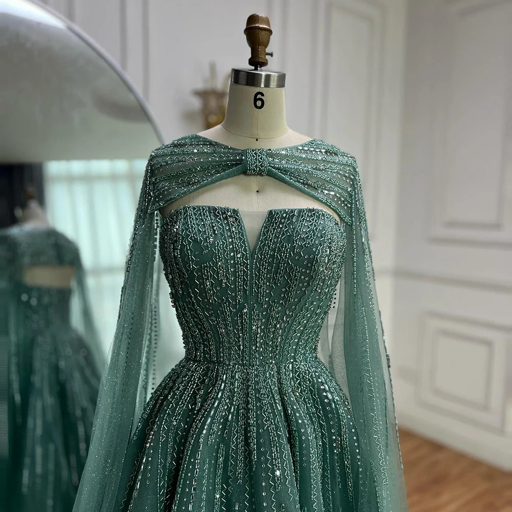 Serene Hill 2025 Arabic Blue Cape  A-Line Beaded Evening Dresses Long Celebrity Gowns  LA72427 Customized