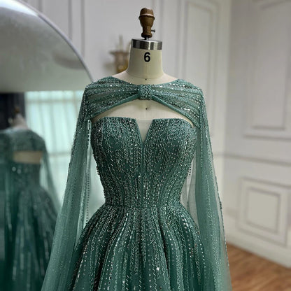 Serene Hill 2025 Arabic Blue Cape  A-Line Beaded Evening Dresses Long Celebrity Gowns  LA72427 Customized