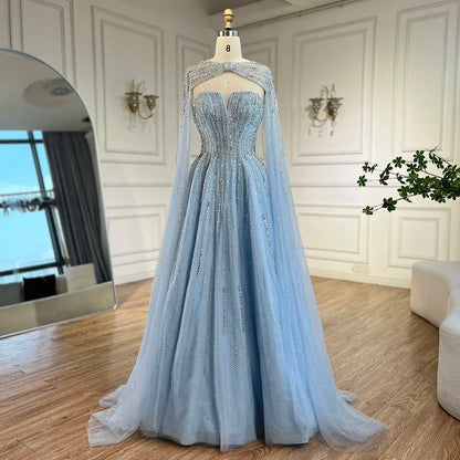 Serene Hill 2025 Arabic Blue Cape  A-Line Beaded Evening Dresses Long Celebrity Gowns  LA72427 Customized