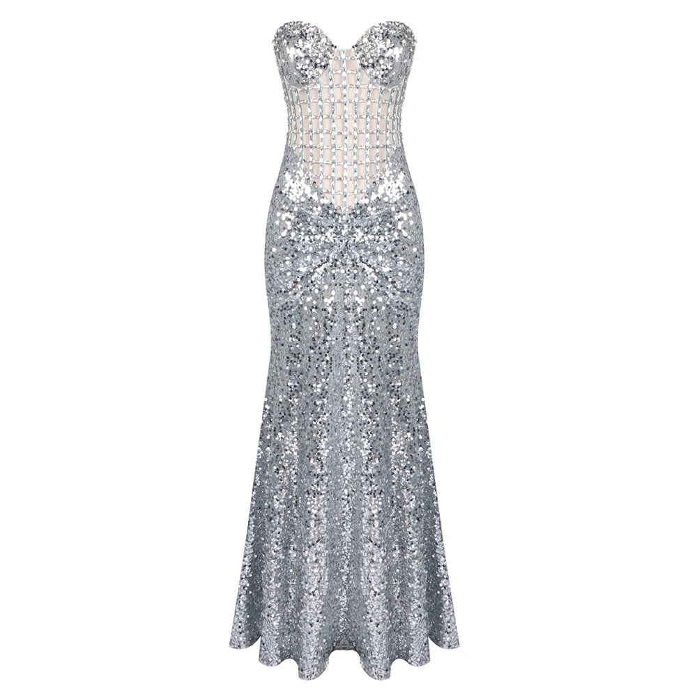 VC Glamorous Silver Sequin Sleeveless Strapless Mermaid Dress for Galas Party Wedding Evening Gown