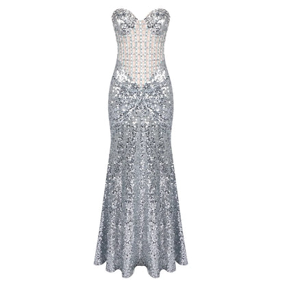 VC Glamorous Silver Sequin Sleeveless Strapless Mermaid Dress for Galas Party Wedding Evening Gown