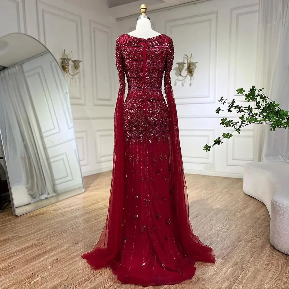 2025 Caramel With Beaded Cape Sleeves Design Mermaid Long Evening Dresses Gowns For Women's Wedding Party LA72355A Customized