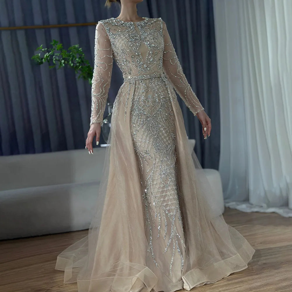 Serene Hill Muslim Silver Nude Mermaid Gown with Detachable Overskirt Beaded Evening Dress for Women Wedding Party 2025 LA71919
