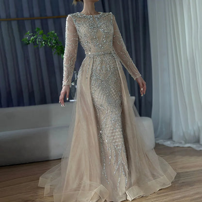 Serene Hill Muslim Silver Nude Mermaid Gown with Detachable Overskirt Beaded Evening Dress for Women Wedding Party 2025 LA71919