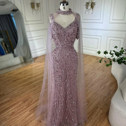 Luxury Caramel Mermaid Evening Gown Beaded Dress with Cape Sleeves Elegant Formal Party Customized LA72921