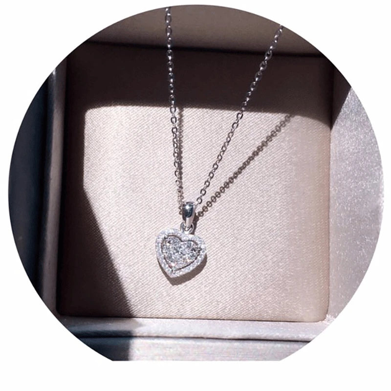 Shine Zircon Heart Shaped Pendant Necklace for Women Silver Color Jewelry Wedding Anniversary Party Bridal Chain Girls Choker