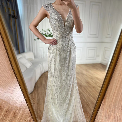 Customized Dubai Caramel Elegant Sleeveles Mermaid Beaded Arabic Evening Dresses Gowns For Women Wedding Party 2025 LA72456