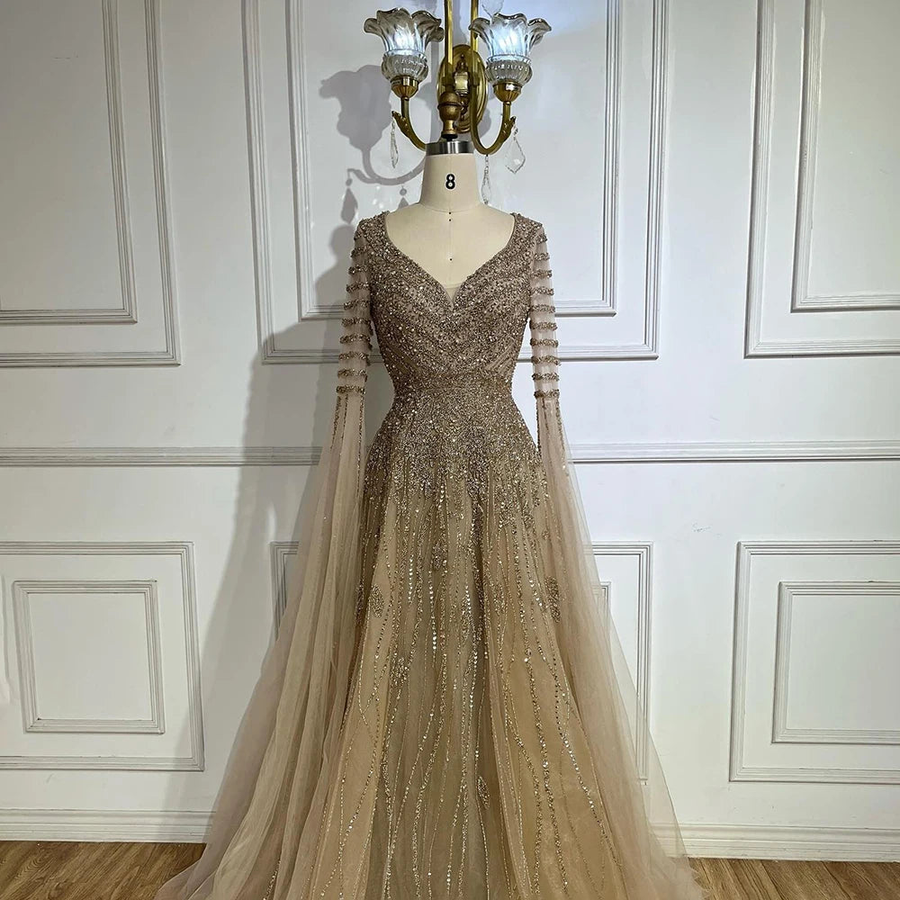 Customized 2025 Arabic Caramel Elegant A-Line Beaded Long Evening Dresses Gowns With Cape Sleeves For Formal Occasio LA72750