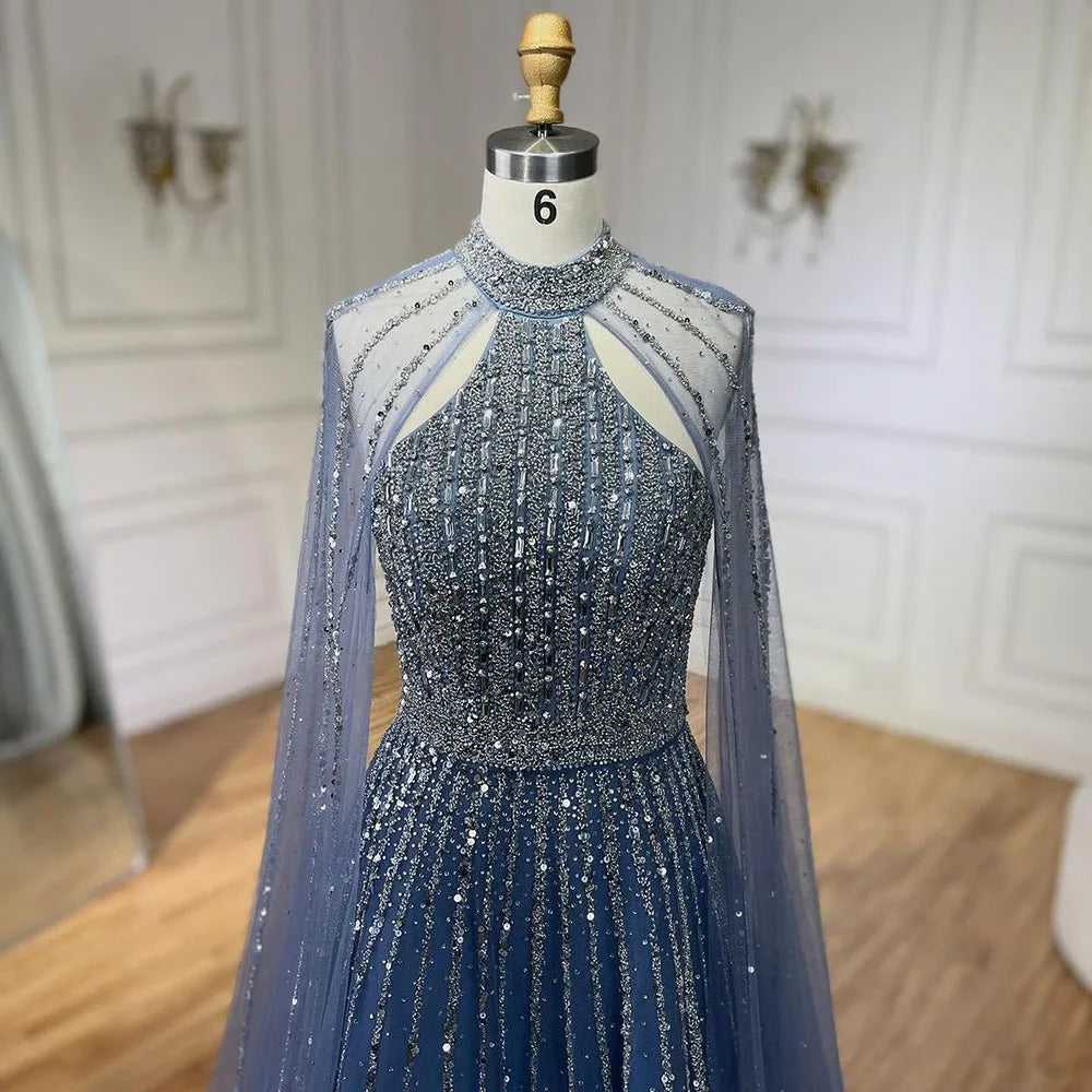 Serene Hill Arabic Turquoise A Line Cape Sleeve Beaded   Evening Dresses Gowns For Occasion 2025 LA72306A Customized