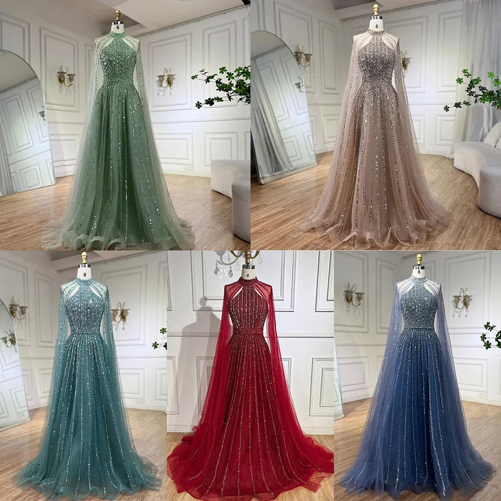 Serene Hill Arabic Turquoise A Line Cape Sleeve Beaded   Evening Dresses Gowns For Occasion 2025 LA72306A Customized
