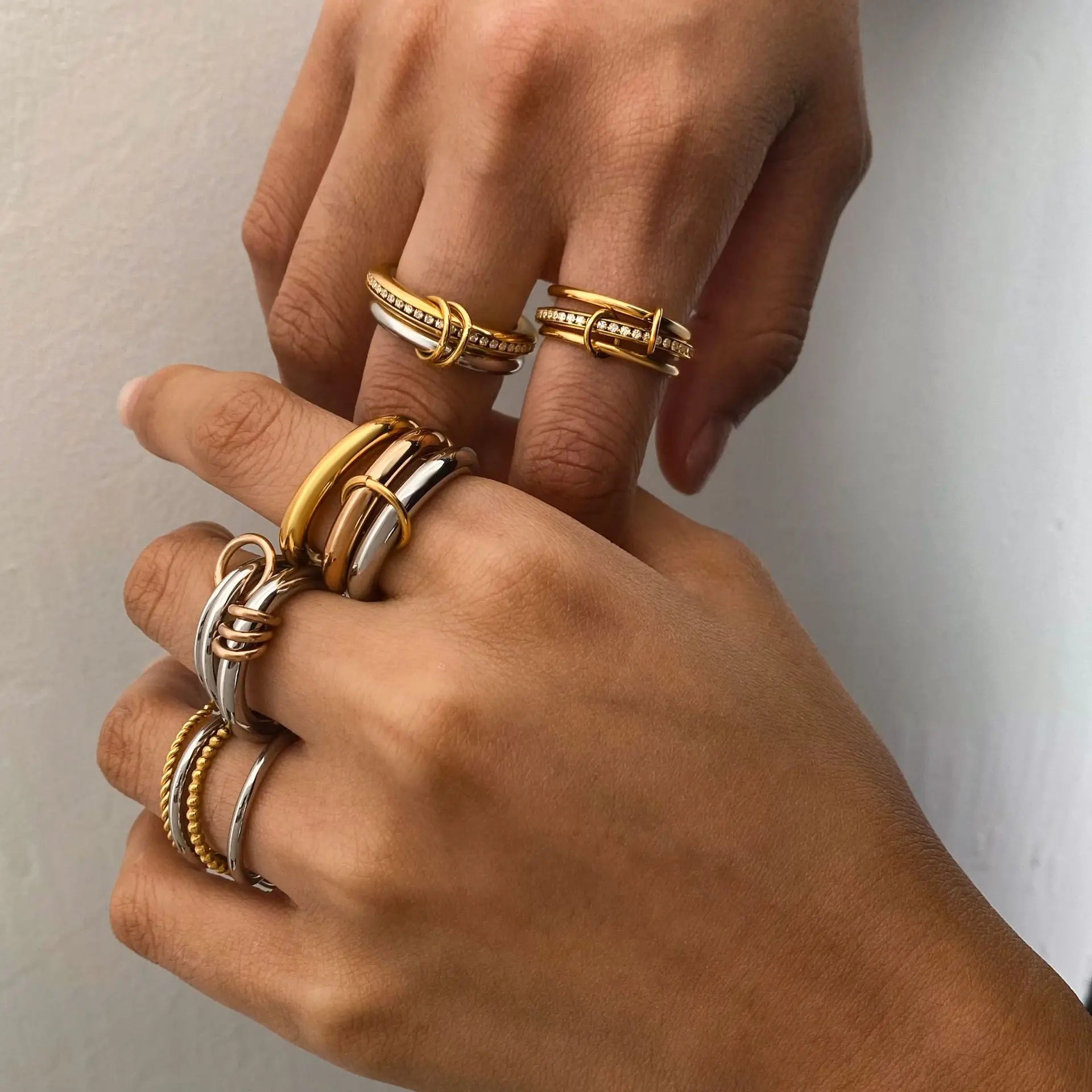 Stainless Steel Multilayer Double Color Link Chain Rings 18K Gold PlatedCZ Zircon Stackable Charm Jewelry Trendy Waterproof Gift