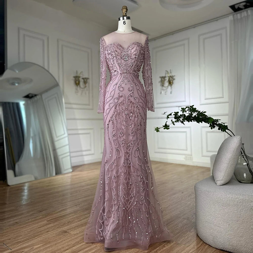Serene Hill 2025 Customized Pink Beaded Saudi Arabic Mermaid Evening Dresses With Sheer Long Sleeves For Formal Occasion LA72875