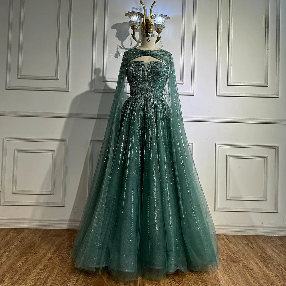 Serene Hill 2025 Arabic Blue Cape  A-Line Beaded Evening Dresses Long Celebrity Gowns  LA72427 Customized