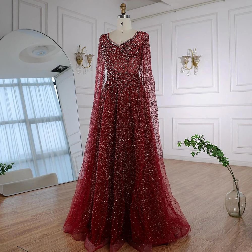 Serene Hill 2025 Customized Saudi Arabic Caramel Beaded Cape Sleeves A Line Evening Dresses For Formal Occasion LA72147A