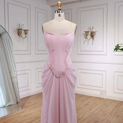 Serene Hill 2025 Customized Pink Strapless Draped Satin Evening Dress with Rose Neck Detail for Formal Party LA72946