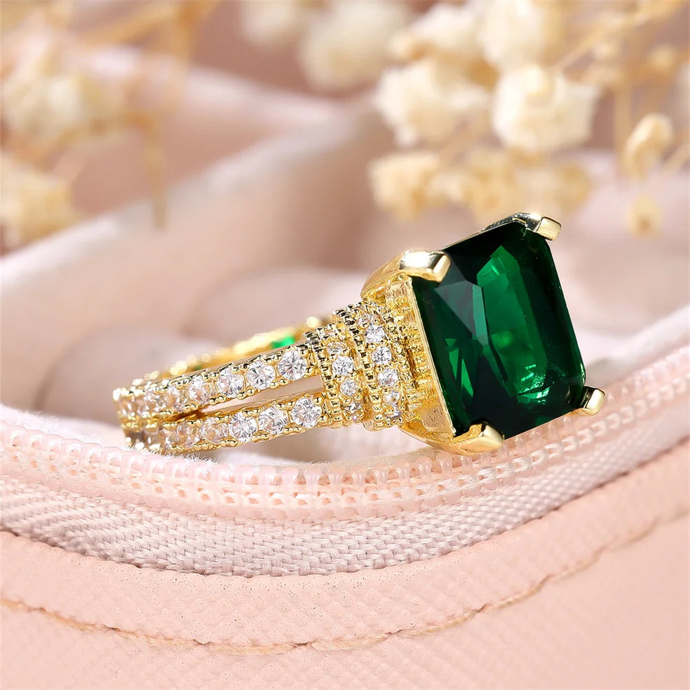 Green Crystal Square Stone Engagement Rings For Women Yellow Gold Color Wedding Band Jewelry May Birthstone Mother's Day Gifts