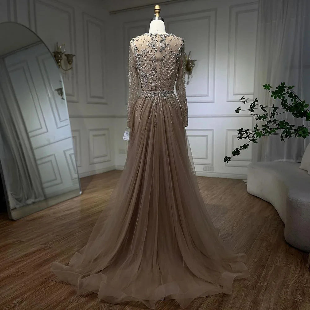 Serene Hill Muslim Silver Nude Mermaid Gown with Detachable Overskirt Beaded Evening Dress for Women Wedding Party 2025 LA71919