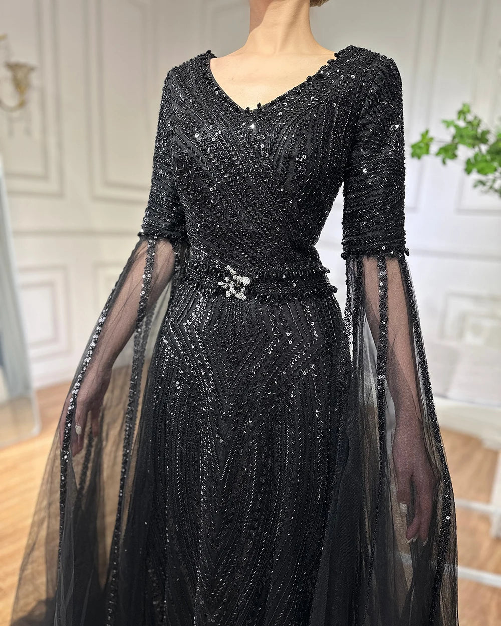 Serene Hill Customized 2025 Caramel A-Line Beaded Saudi Arabic Evening Dress with Cape Sleeves for Wedding Party LA72798