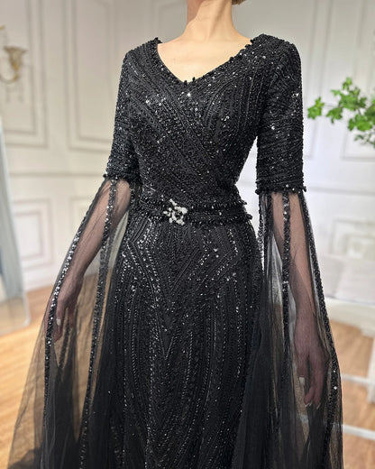 Serene Hill Customized 2025 Caramel A-Line Beaded Saudi Arabic Evening Dress with Cape Sleeves for Wedding Party LA72798