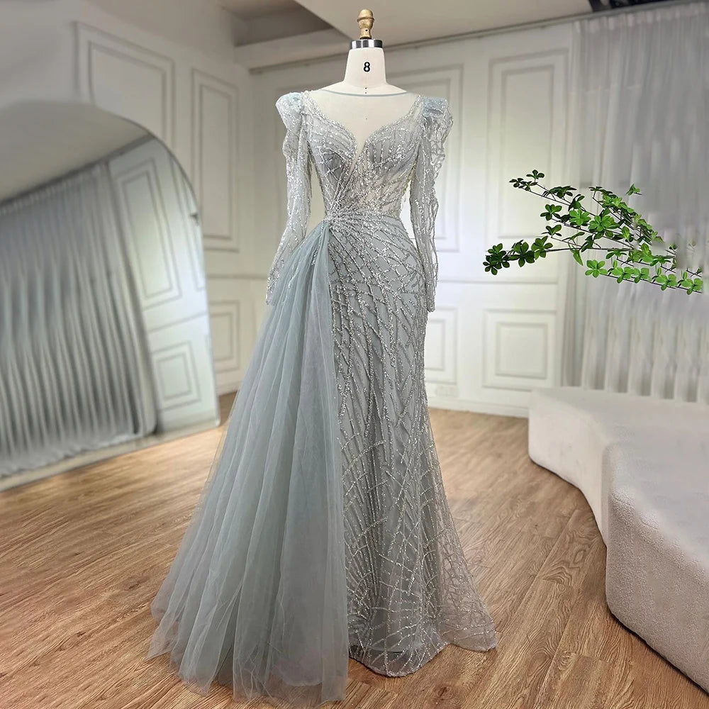 Serene Hill Muslim Gold Mermaid Beaded  Dubai Evening Dresses Gowns With Overskirt 2025 For  Party LA72206 Customized