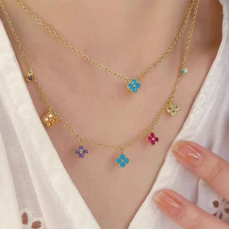 French Style Retro Dopamine Clover Design Necklaces   Colorful Zircon Earrings Clavicle Chain Bracelets Jewelry Sets For Women