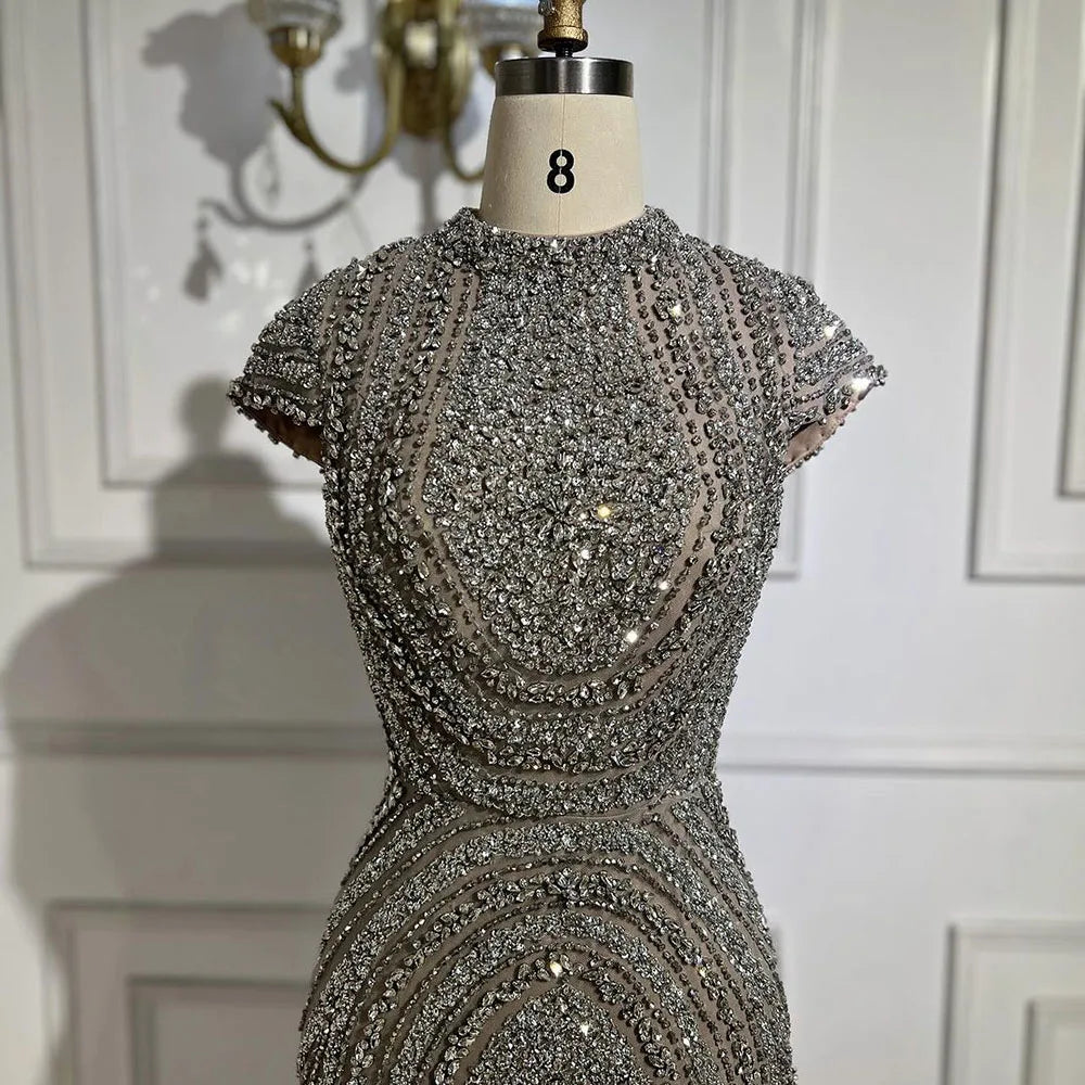 2025 Arabic Dubai Gray Nude Mermaid Floor Length Beaded Luxury Evening Dresses Gowns For Wedding Party LA72344 Customized