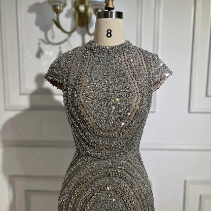 2025 Arabic Dubai Gray Nude Mermaid Floor Length Beaded Luxury Evening Dresses Gowns For Wedding Party LA72344 Customized