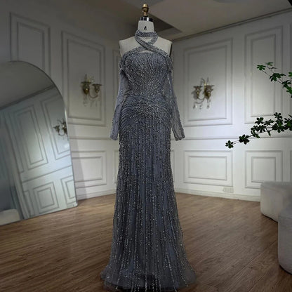 Serene Hill Arabic Gray Decorative Halter Mermaid Evening Dresses Beaded Dress For Formal Occasion LA72651 Customized 2025
