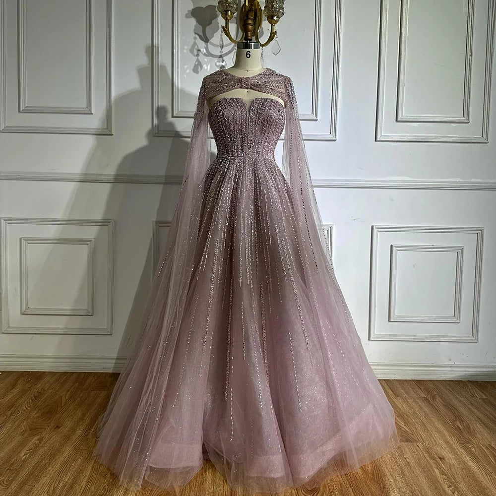 Serene Hill 2025 Arabic Blue Cape  A-Line Beaded Evening Dresses Long Celebrity Gowns  LA72427 Customized
