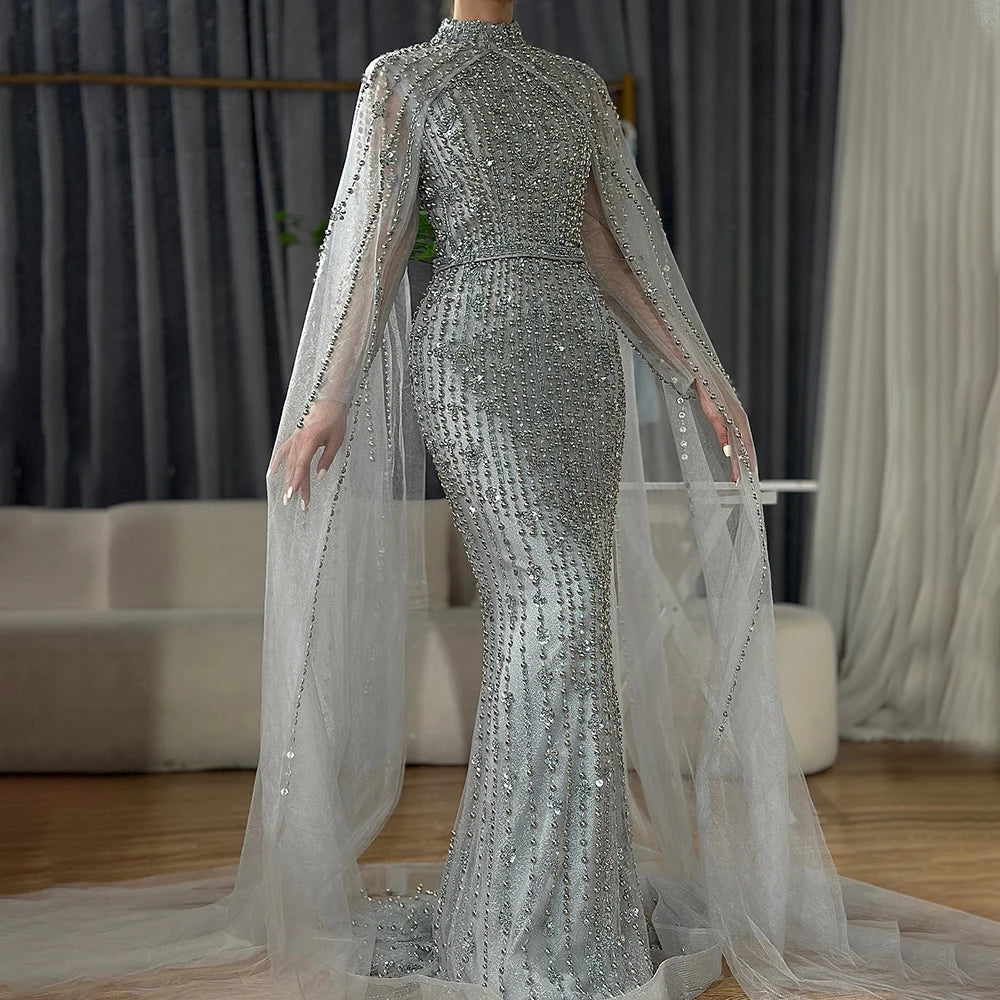 Muslim Nude Mermaid Cape Sleeves Pearls Beaded Luxury Dubai Evening Dresses Gowns 2025 Wedding Party LA72372 Customized