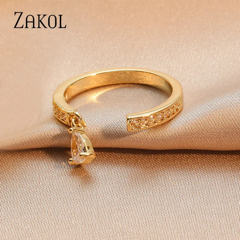 ZAKOL Brand Korea Multilayer Zircon Engagement Open Rings for Women Fashion Water Drop Party Jewelry