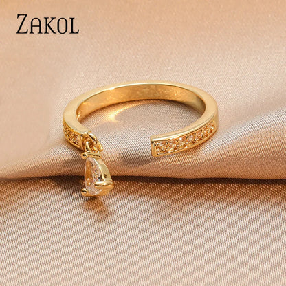 ZAKOL Brand Korea Multilayer Zircon Engagement Open Rings for Women Fashion Water Drop Party Jewelry
