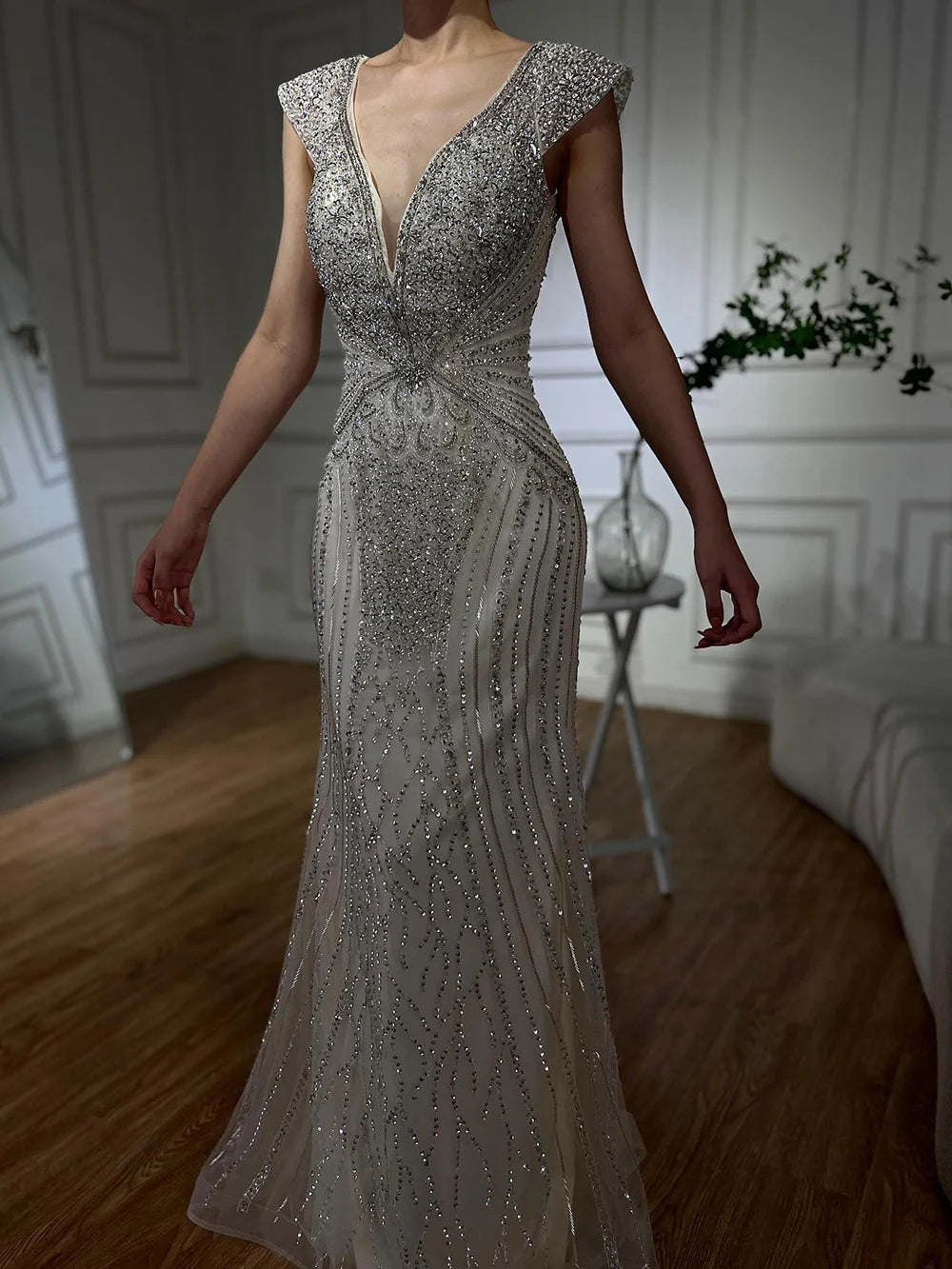Customized Dubai Caramel Elegant Sleeveles Mermaid Beaded Arabic Evening Dresses Gowns For Women Wedding Party 2025 LA72456