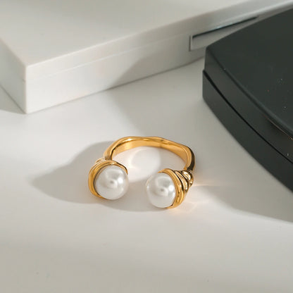 Uworld 18K Gold Color Plated Stainless Steel Flower Pearl Ring Irregular Opposite Sex Pearls Stackable Ring Women's Jewelry Part