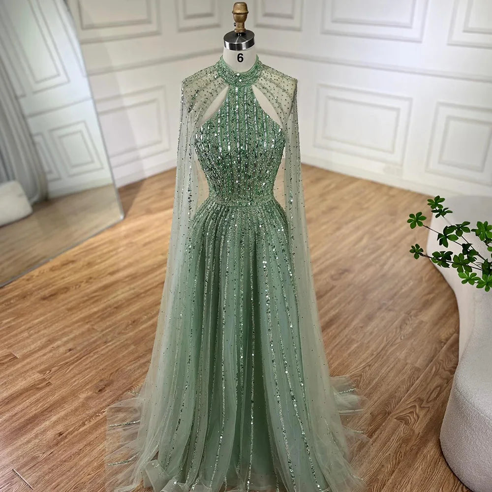 Serene Hill Arabic Turquoise A Line Cape Sleeve Beaded   Evening Dresses Gowns For Occasion 2025 LA72306A Customized