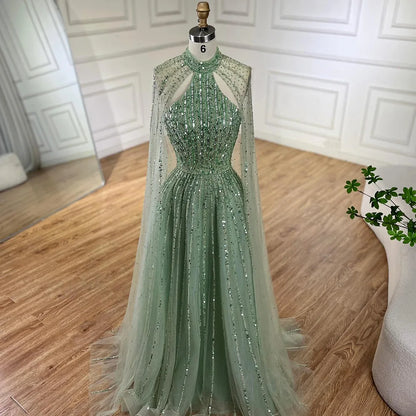 Serene Hill Arabic Turquoise A Line Cape Sleeve Beaded   Evening Dresses Gowns For Occasion 2025 LA72306A Customized