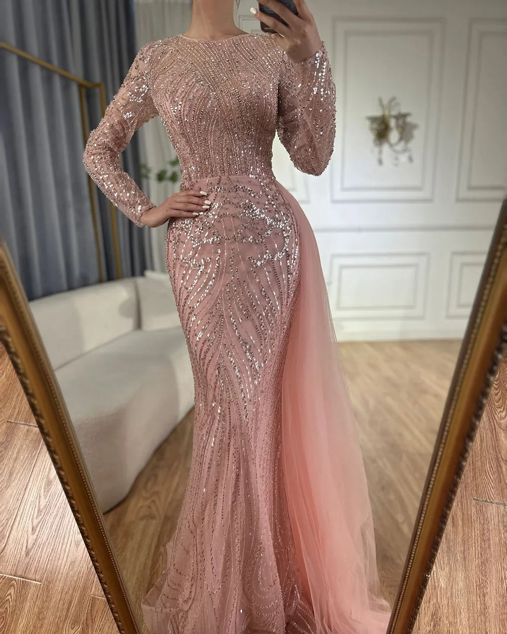 Serene Hill Caramel Beaded Mermaid Long Arabic Evening Dresses Gowns With Overskirt for Formal Occasion 2025 LA71673A Customized