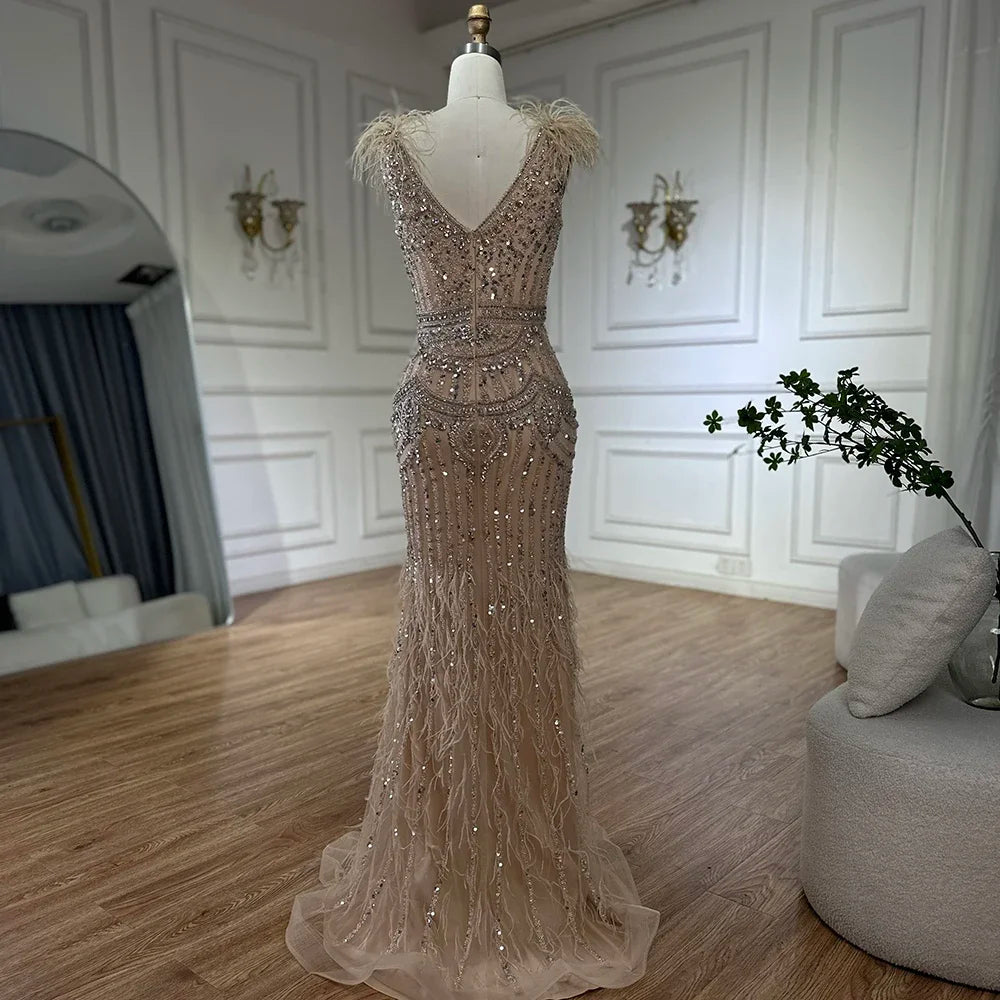 Serene Hill 2025 Arabic Blue Split Mermaid Beaded Feathers Long Evening Dresses Gowns For Occasion LA72742 Customized