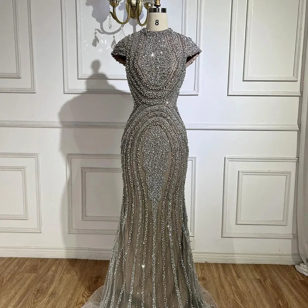 2025 Arabic Dubai Gray Nude Mermaid Floor Length Beaded Luxury Evening Dresses Gowns For Wedding Party LA72344 Customized