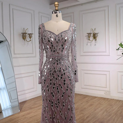 Luxury Black Silver Long Sleeve Evening Dress with Sequins Elegant Mermaid Gown for Women 2025 Serene Hill Customized LA73113