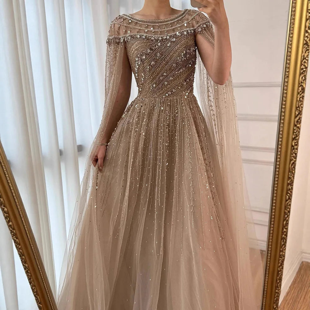 Luxury Caramel Evening Dress with Cape Long Sleeve Beaded Formal Gown for  Occasion Serene Hill 2025 LA72994 Customized