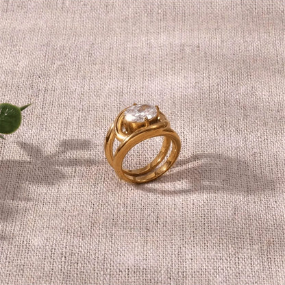 Vintage Oval Zircon Ring for Women 18K Gold Plated Stainless Steel Fashion Party Jewelry Gift