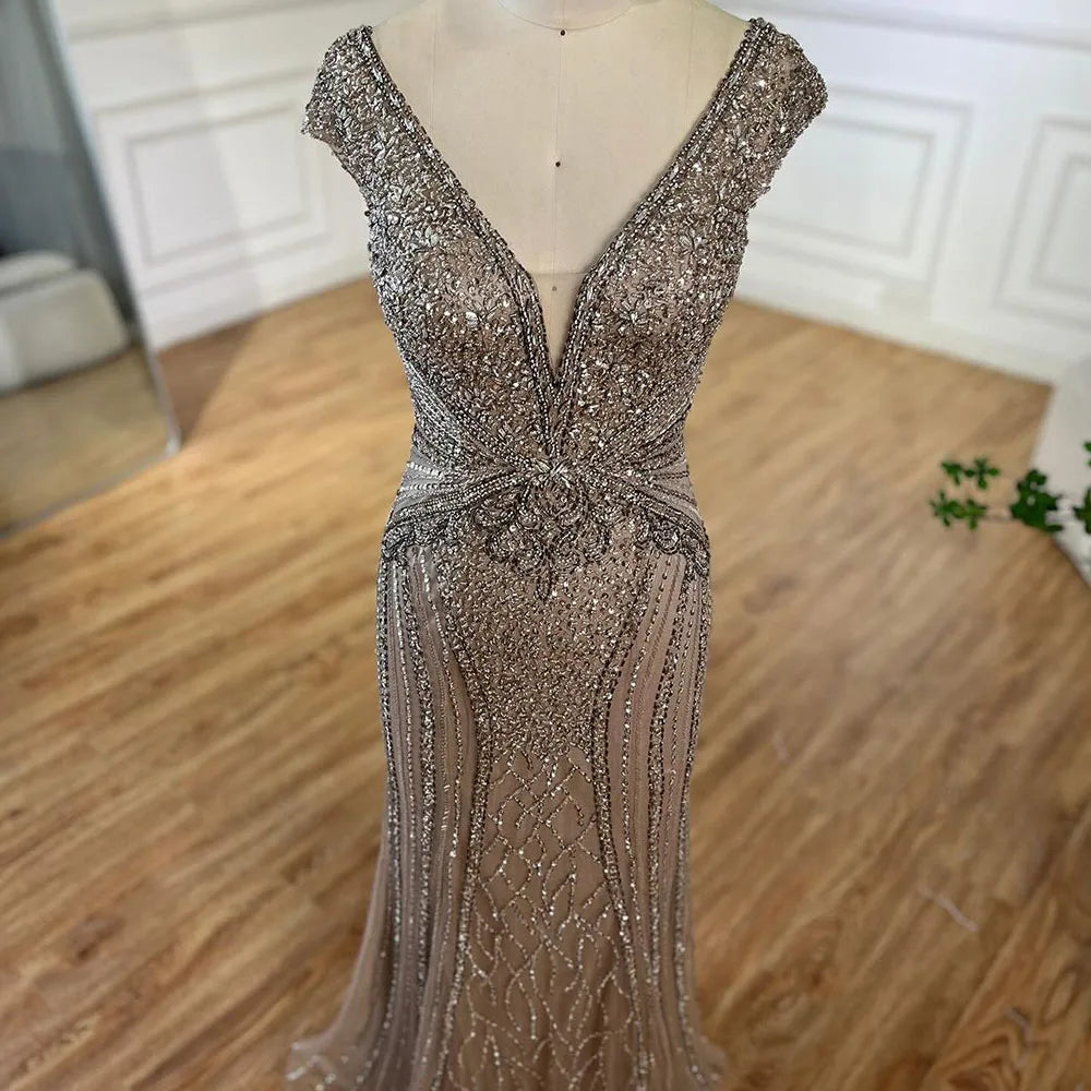Customized Dubai Caramel Elegant Sleeveles Mermaid Beaded Arabic Evening Dresses Gowns For Women Wedding Party 2025 LA72456