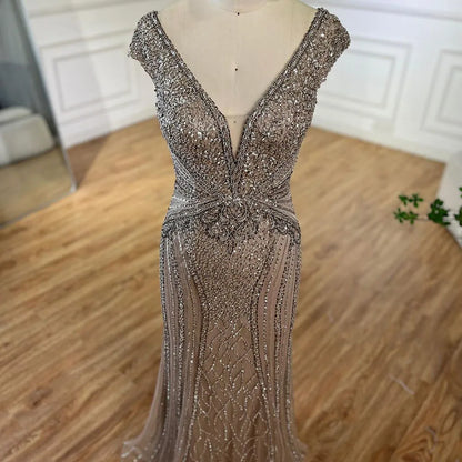 Customized Dubai Caramel Elegant Sleeveles Mermaid Beaded Arabic Evening Dresses Gowns For Women Wedding Party 2025 LA72456