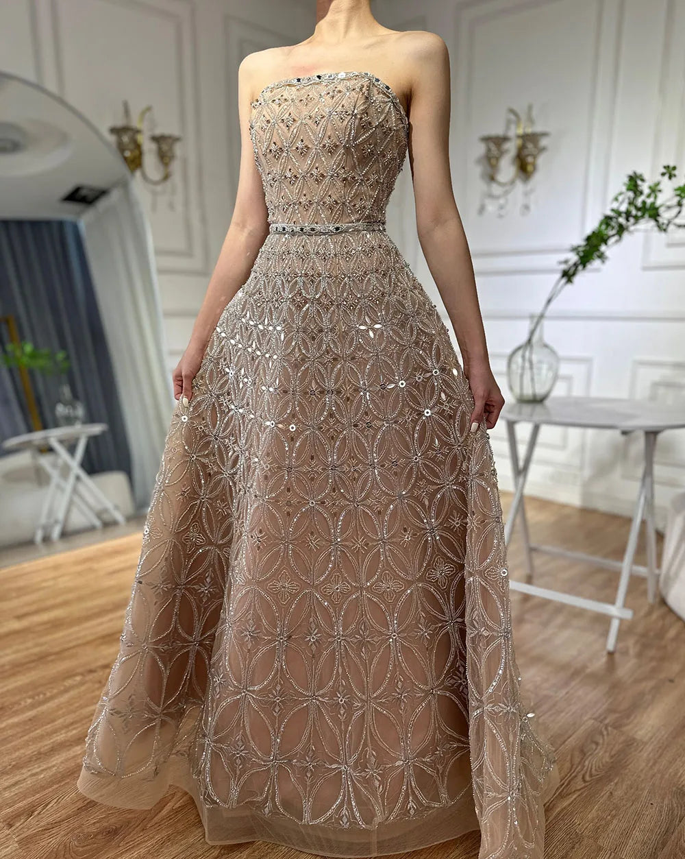 Serene Hill 2025 Customized Arabic Gray A Line Beaded Long Evening Dresses Gowns For Occasion LA72755