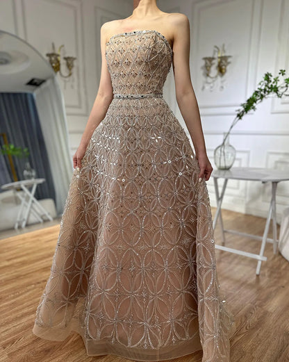 Serene Hill 2025 Customized Arabic Gray A Line Beaded Long Evening Dresses Gowns For Occasion LA72755