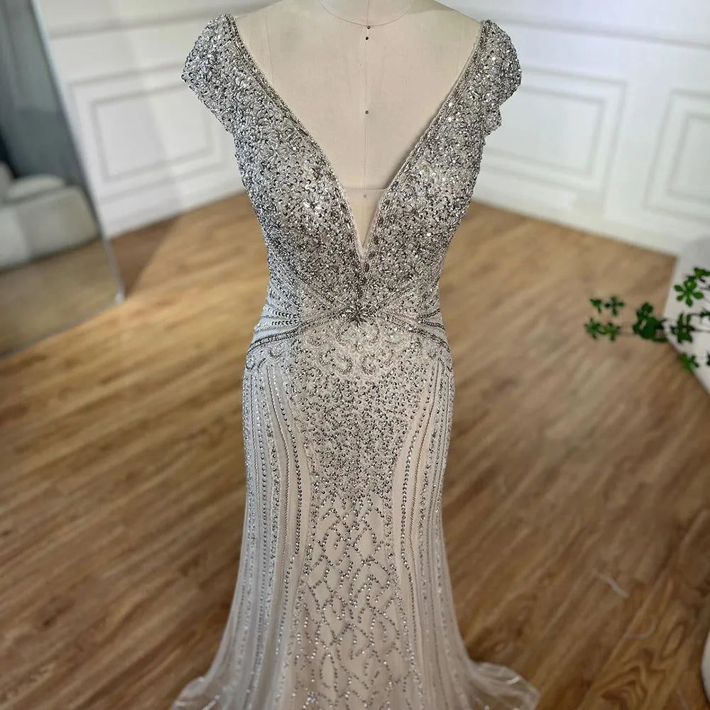 Customized Dubai Caramel Elegant Sleeveles Mermaid Beaded Arabic Evening Dresses Gowns For Women Wedding Party 2025 LA72456